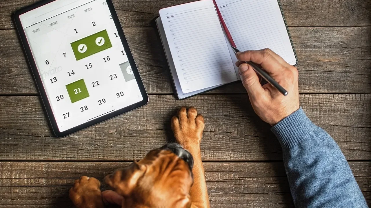 Writing a question list beside a calendar and a puppy